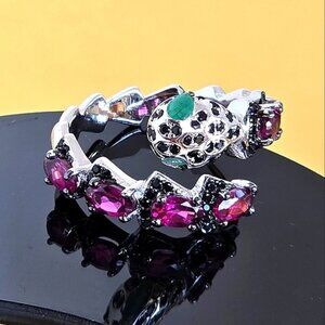925 Sterling Silver Snake Ring Sz 7+ with Natural  Garnet, Spinel, Emerald